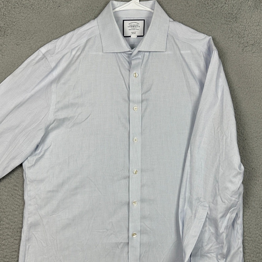 Charles Tyrwhitt Dress Shirt Mens 17.5/35 Slim Fit Light Blue Micro Check EUC